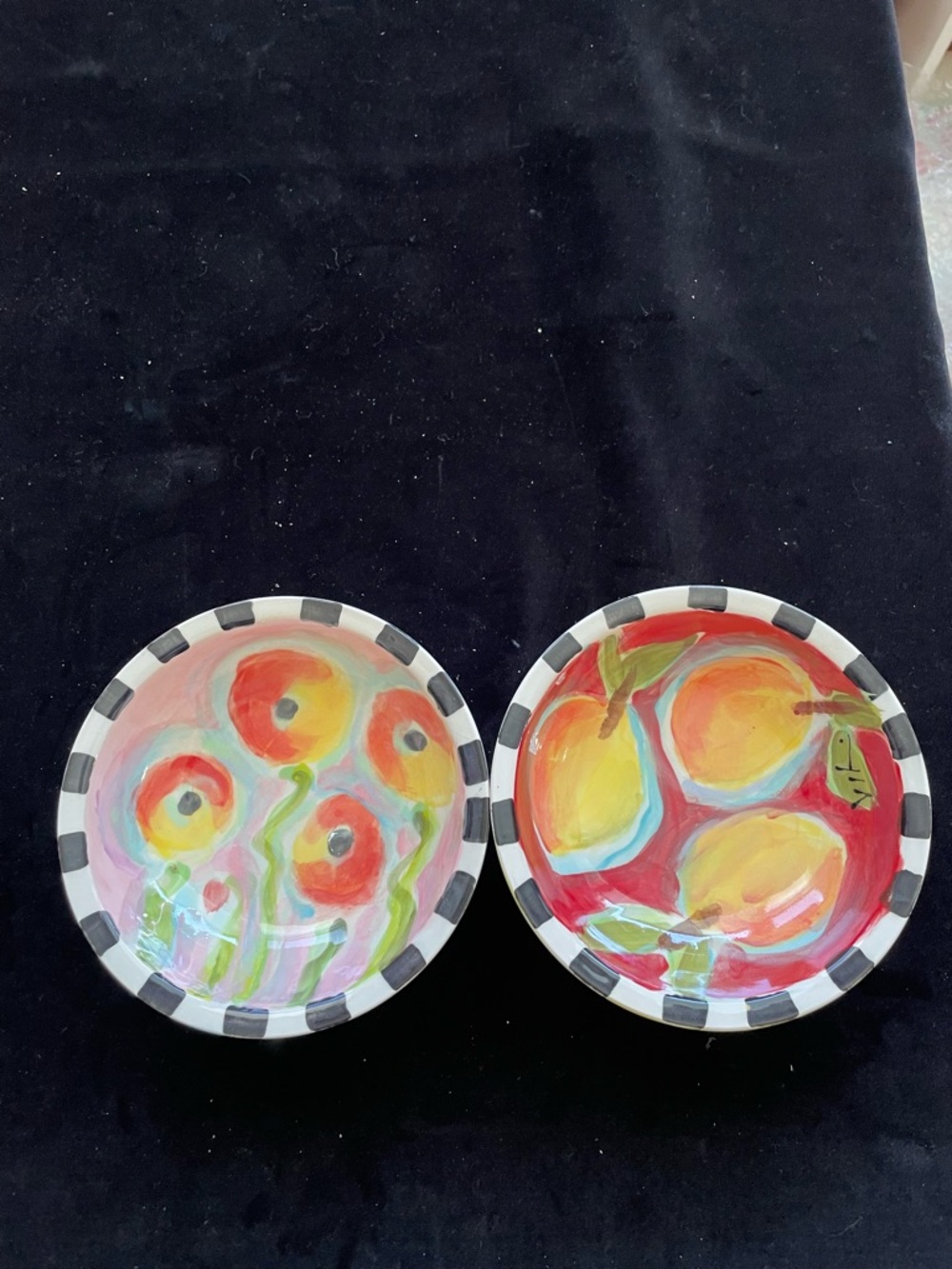 2 Hand Painted Ice cream Bowls “Poppy &Lemons 6”x2.5”Original Ceramic Pottery